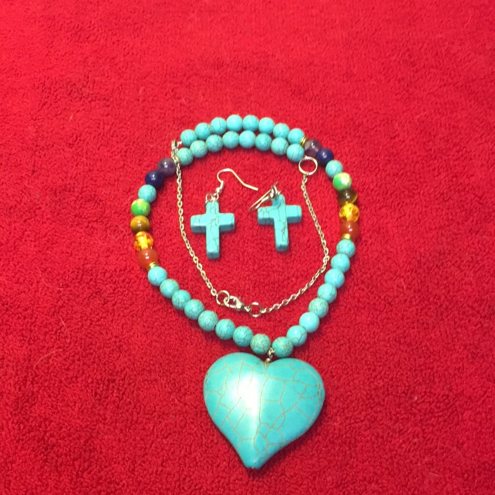 Handmade Turquoise Heart Necklace & Cross Earring
